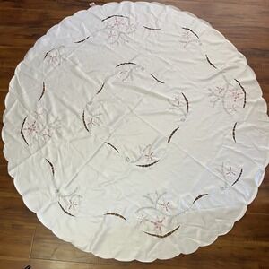 Holiday Things 70" Round Tablecloth Centerpiece White Pink Embroidered Metallic